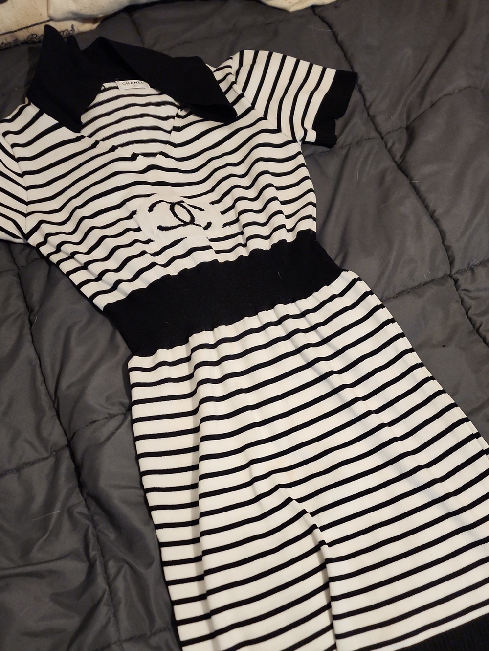 CHANEL Black and White Striped Knit Polo Mini Dress - So Cute! WOW! - Picture 4 of 4